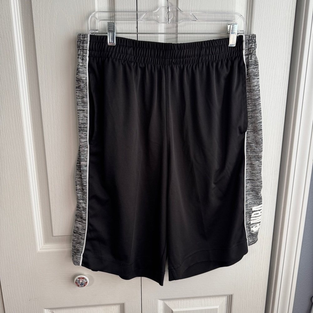 NBA Shorts Adult Mens Large Black Gray Stripe Athletic Basketball Mesh Logo